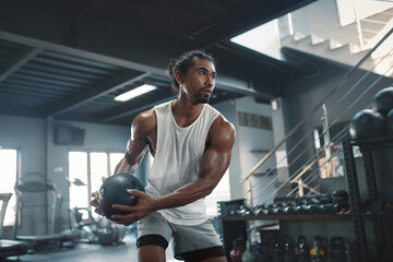 Man On Kettlebell Workout. Sexy Asian Sportsman With Strong, Healthy, Muscular Body Using Heavy Fitness Equipment. Training At Gym For Bodybuilding As Lifestyle. - 377260697