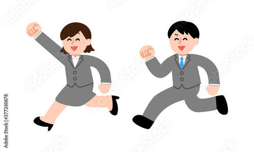 スーツ姿の男性の前をガッツポーズしながら走るスーツ姿の女性 Wall Mural マメハル