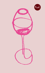 Drawing of wine glass for emblem vineyard, organic wines banner, autumn wine festival, bar sign template. Wineglass illustration for logo design. Hand-drawn line art with artistic pencil texture.