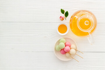 Asian dessert Dango rice dumplings and japanese tea