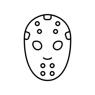 Hockey Mask. Linear icon of professional sports equipment. Black simple illustration of horror movie mask for halloween party. Contour isolated vector pictogram, white background
