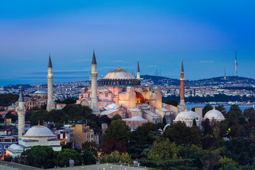 Fototapeta na wymiar Istanbul skyline with Hagia Sophia and Bosporus in Turkey at sunset