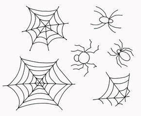 Set of spider webs and spiders in doodle style. Drawings for Halloween. White background, isolator. Stock illustration.
