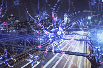 Double exposure of neuron drawing icon and cityscape background. Concept of education.
