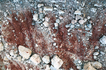 textures of various clay layers underground in  clay quarry after  geological study of  soil. colored layers of clay and stone in  section of  earth, different rock formations and soil layers.