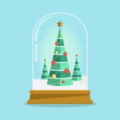 Snow globe with Christmas trees. Flat style vector illustraion.