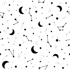 Seamless pattern with black constellations, stars and moon crescent on white background.