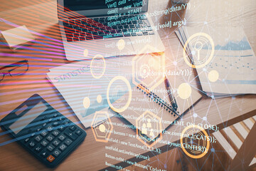 Multi exposure of desktop with computer on background and tech theme drawing. Concept of big data.