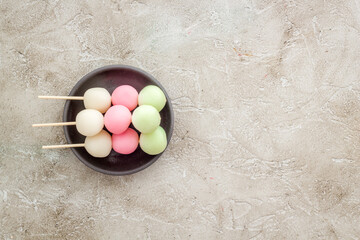 Dango - Japanese dumpling rice cake on plate, top view