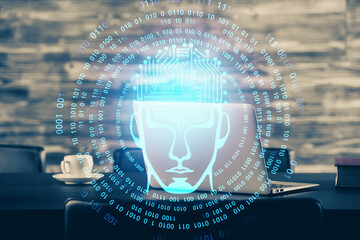 Double exposure of desktop computer and human brain drawing hologram. Ai concept.