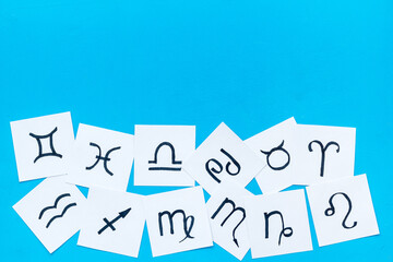 Astrology concept. Twelve zodiac signs in horoscopic wheel, top view