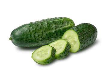 Cucumber and slices isolated on white background, clipping path, full depth of field.
