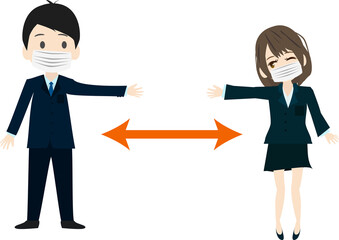 社会距離を拡大するかわいいビジネスマン・ビジネスウーマンのイラスト