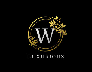 Luxury Circle W Letter Floral Design. Elegant Gold W Royal Logo Icon.