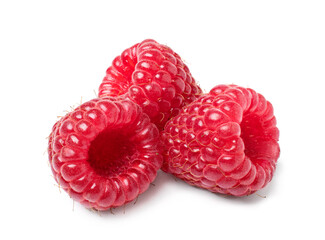 Three raspberry fruits isolated on white background. Isolated berries.