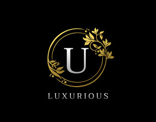 Luxury Circle U Letter Floral Design. Elegant Gold U Royal Logo Icon.