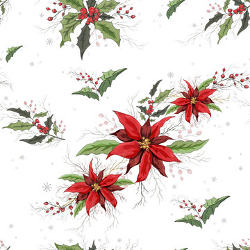 Seamless floral winter pattern. realistic holiday flowers from poinsettia and Holly. modern hand-drawn Wallpaper in the style of realism. Vector illustration for Wallpaper, paper, printing.