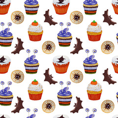 Watercolor seamless pattern with cakes for the holiday of Halloween.