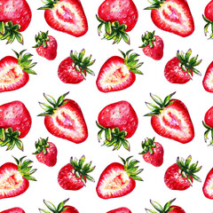 Abstract background with red fresh strawberryes. Isolated on white. Seamless pattern for your design. Close-up. watercolor