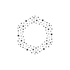 Holiday fireworks round frame with stars and glitter dots on white background.