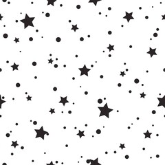 Seamless cute pattern with little rounded back stars, dots and circles on white background.