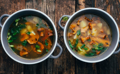 soup with chanterelles and herbs in two bowls