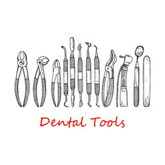 Composition with dentist tools and dental care tools. Vector hand drawn dental collection