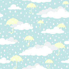 Seamless background with white clouds, umbrellas and raindrops on blue sky.