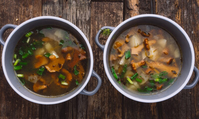 soup with chanterelles and herbs in two bowls