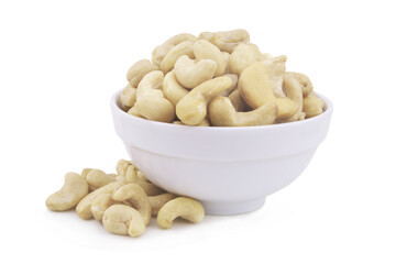 Cashew nuts in white bowl isolated on white background 
