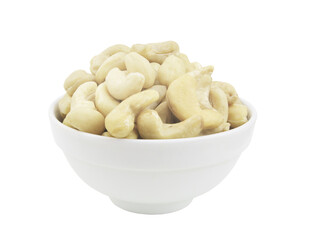 Cashew nuts in ceramic bowl isolated on white background 