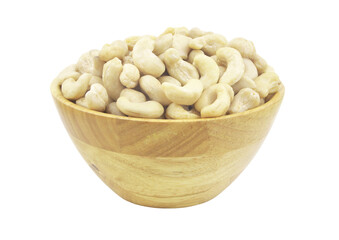 Cashew nuts in wooden bowl isolated on white background 
