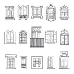 Set of cute hand drawn windows including 15 different types. Vintage windows collection