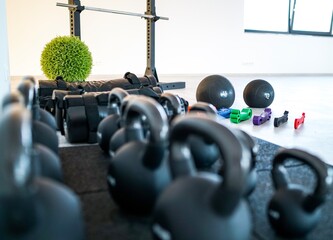 Gym equipment with kettle bells slam balls and strength bands