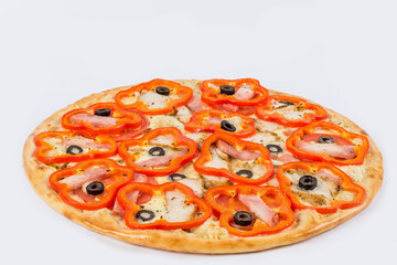 Ready round pizza with pepper on a white background