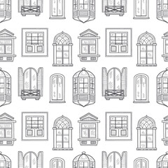 Seamless pattern with cute hand drawn windows  different types. Vintage windows collection