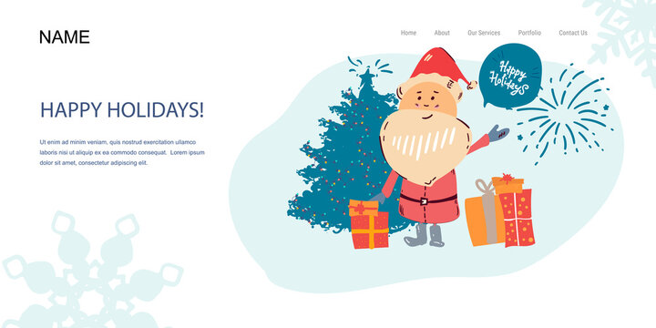 Landing Page, template banner. Santa Claus portrait with fireworks. Happy new year Christmas card, poster. Vector illustration.