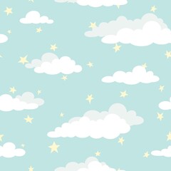 Seamless cartoon background with white clouds and golden stars on turquoise sky.