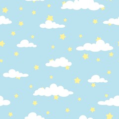 Seamless cartoon background with white clouds and golden stars on turquoise sky.