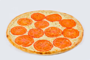 Ready pizza margarita with tomato slices close-up shot on the background