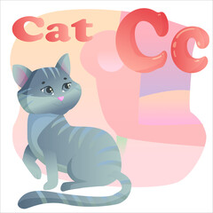 Letter C , gray kitten sitting in a room drawn cartoon style. Children's English alphabet. Vector illustration isolated on white background