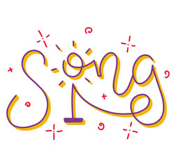 Song lettering - multicolored text and stand with microphone with sparks. Colored vector illustration.
