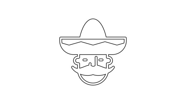 Black line Mexican man wearing sombrero icon isolated on white background. Hispanic man with a mustache. 4K Video motion graphic animation.