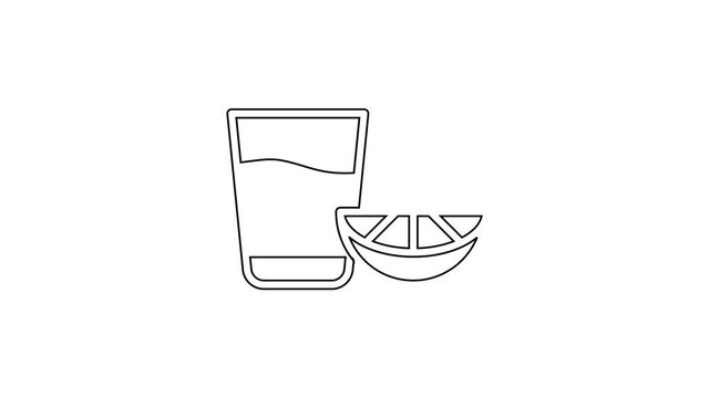 Black line Tequila glass with lemon icon isolated on white background. Mexican alcohol drink. 4K Video motion graphic animation.
