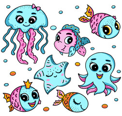 Cartoon marine life set, vector illustration with fish, octopus, starfish. smile sea animals with big eyes.