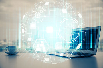 Computer on desktop with social network hologram. Multi exposure. Concept of international people connections.