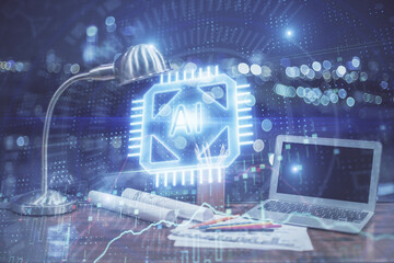 Double exposure of computer and technology theme hologram. Concept of freelance work.