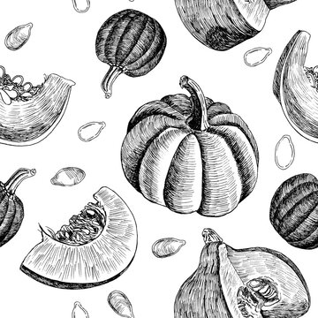 Seamless background with pumpkins. Pattern of autumn vegetables. Harvest. Graphics. Engraving. Hand drawn