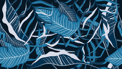 Tropical forest seamless pattern. Floral wallpaper design  with exotic flowers and leaves, split-leaf philodendron plant ,monstera plant line art on trendy background. Vector illustration. © TWINS DESIGN STUDIO