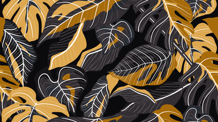 Tropical forest seamless pattern. Floral wallpaper design  with exotic flowers and leaves, split-leaf philodendron plant ,monstera plant line art on trendy background. Vector illustration. © TWINS DESIGN STUDIO